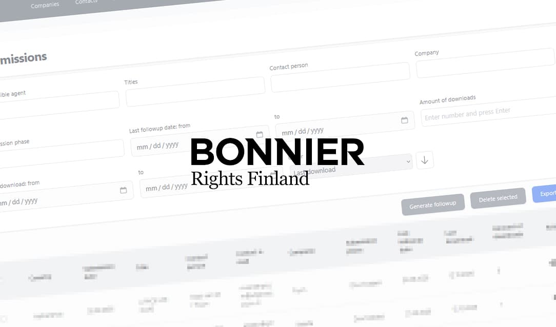 The submissions view of the Bonnier Rights Finland CRM